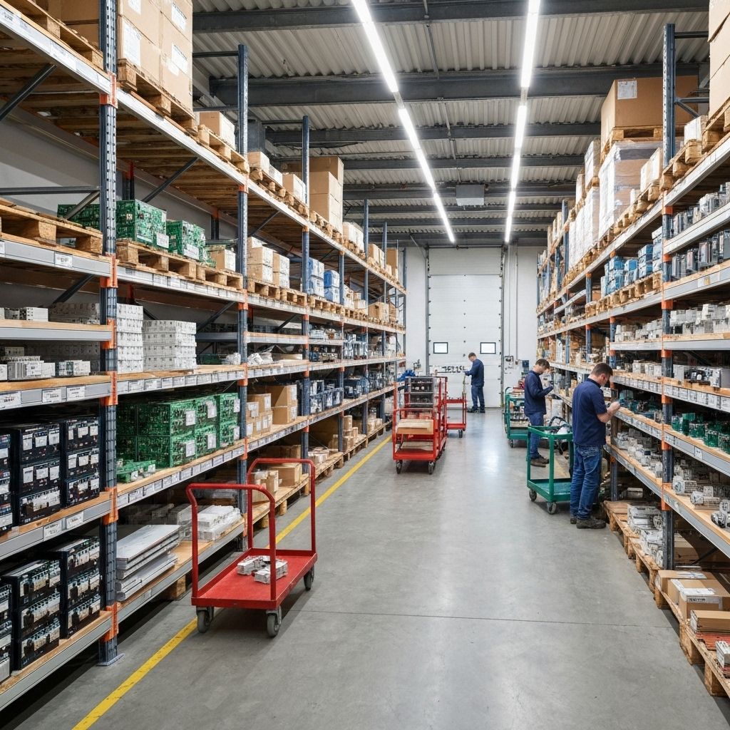 Equipa técnica Construlider em armazém com materiais eléctricos certificados